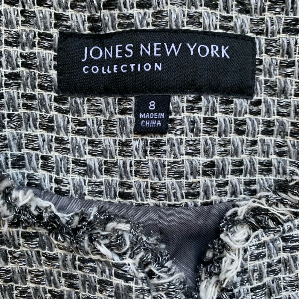Jones New York Tweed Blazer Jacket Career Fringe Black Off White Size 8 - Picture 3 of 7